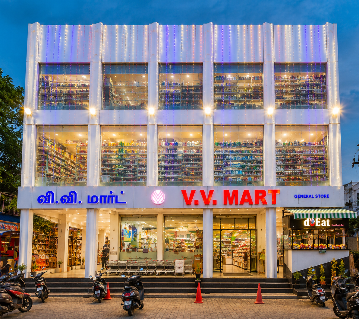 Aisle inside V.V Mart supermarket, Nanganallur, stocked with groceries and household items